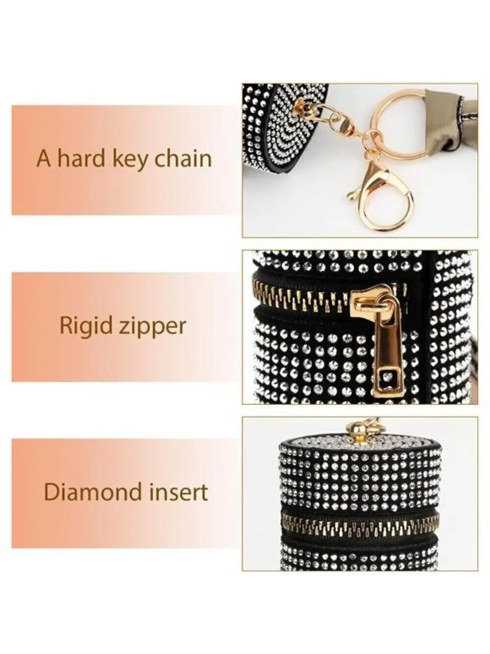 2 Pack Lipstick Case Keychain Leather Diamond Lip Gloss Holder Black & Pink